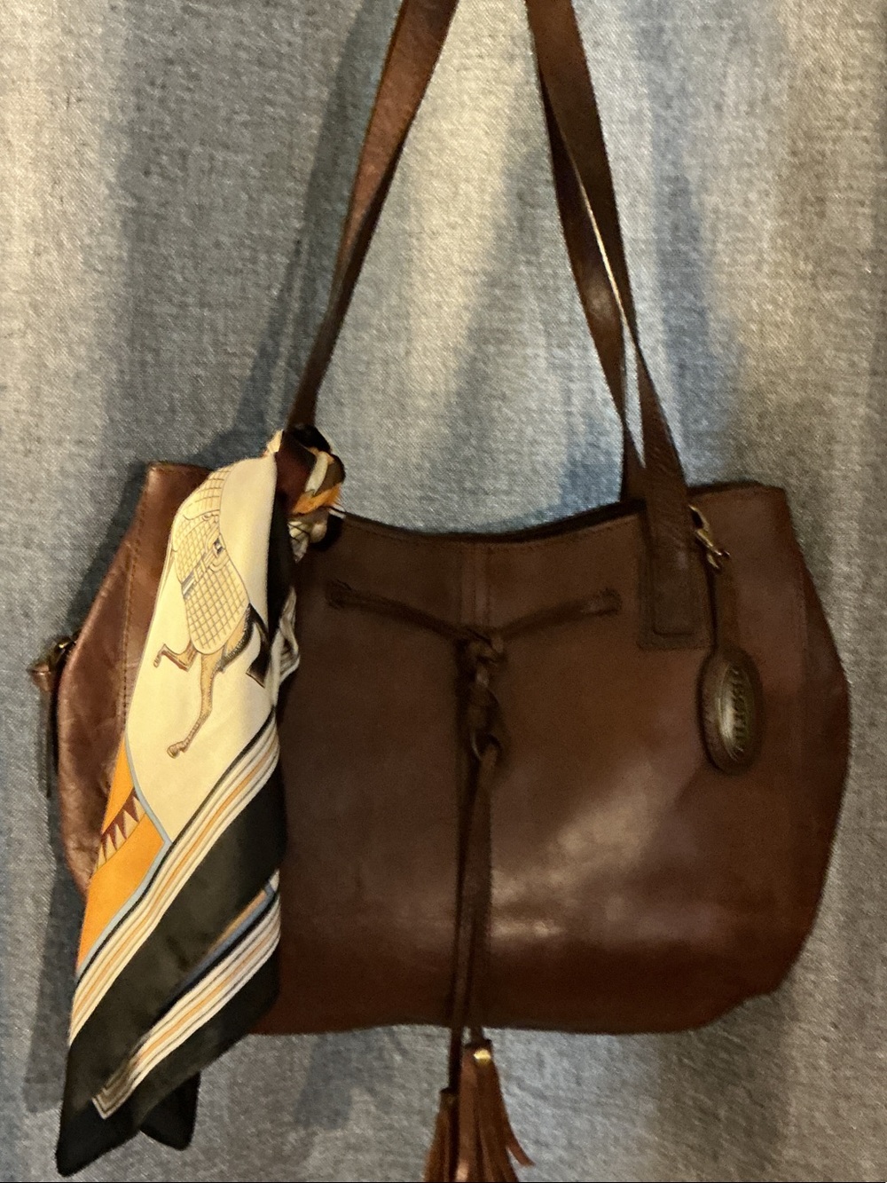 Born Dark Brown Leather Shoulder Bag with Scarf Accent